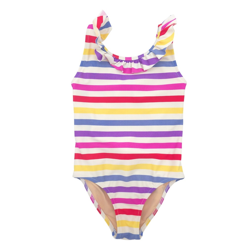 Crewcuts Girls One Piece Swimsuit Rainbow Stripe Ruffle Open Back Size 4-5